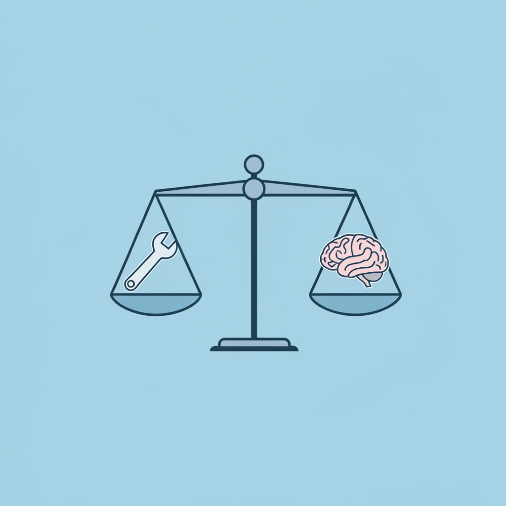 Balance scale showing tools on one side and human judgment on the other