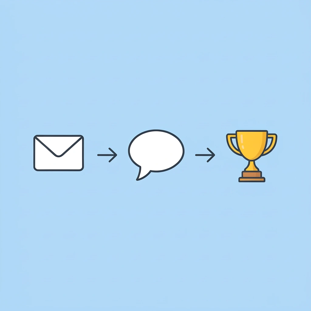 Three connected steps showing lead capture arrow to conversation arrow to qualified buyer meeting