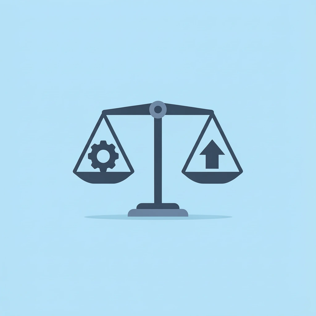Balance scale showing control on one side versus efficiency and growth on the other