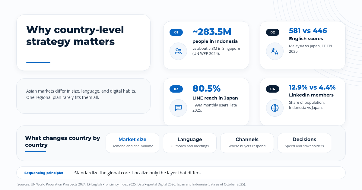 Population and English proficiency differ widely across Asian markets